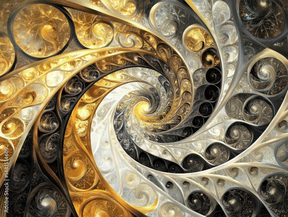 Poster abstract fractal art in gold silver black creating a swirling spiral pattern with intricate details 