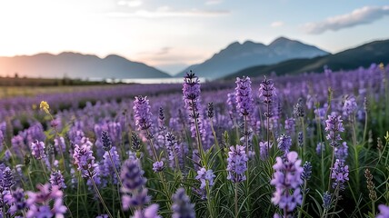 Fototapeta premium Scenic lavender field at sunset with mountains in the background landscape