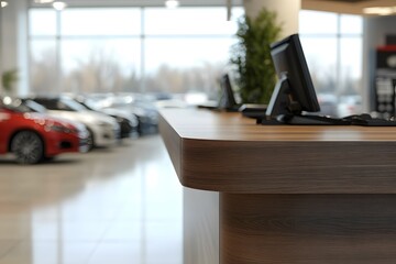 Reception desk with blurred cars in dealership.