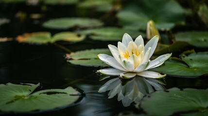 Beautiful white water lily in a pond with lush green leaves
