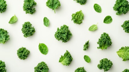 Kale and mint leaves arranged on white surface