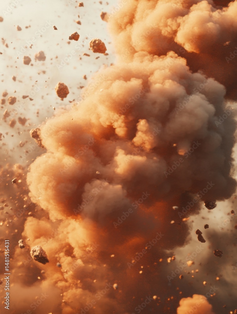 Poster dramatic explosion of dust and debris in air from ground level perspective with dynamic motion and w