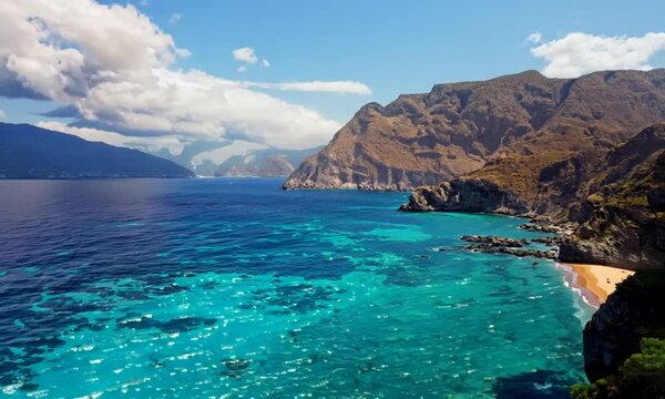 Coastal and mountain grandeur of Turkey coastline azure waters and towering mountains sea and sky. Stunning sea-mountain view of Turkish coastline against backdrop of towering mountains.