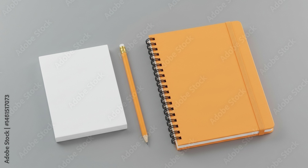 Aufkleber a blank, white notepad and an orange spiral-bound notebook with a pencil lay on a gray surface. simp