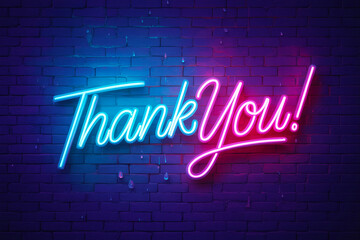 Neon 'Thank You' sign on brick wall.