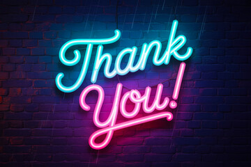 Neon 'Thank You' sign on brick wall.