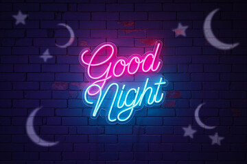 Neon 'Good Night' sign with starry background.