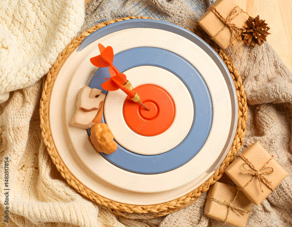 Aufkleber overhead shot of dart in target with knitted blanket presents and toy horse symbolizing precision an
