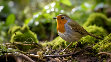 Fototapeta premium European Robin Bird on Mossy Forest Floor in Sunlight
