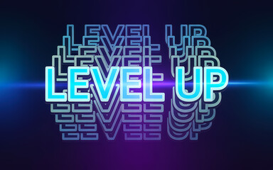 Abstract 'Level Up' text on dark background.
