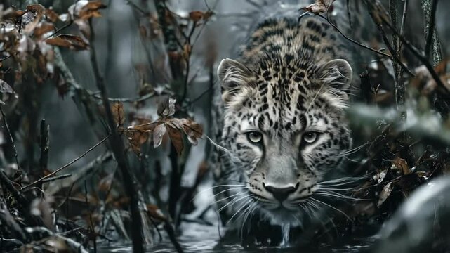 Leopard in winter forest