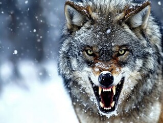 Close-up of a Gray Wolf Snarling in Winter Snowfall; Fierce Predator with Sharp Teeth and Intense Gaze in Natural Habitat