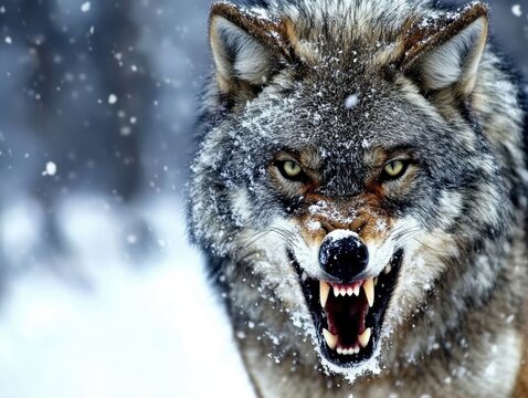 Close-up of a Gray Wolf Snarling in Winter Snowfall; Fierce Predator with Sharp Teeth and Intense Gaze in Natural Habitat - Powered by Adobe
