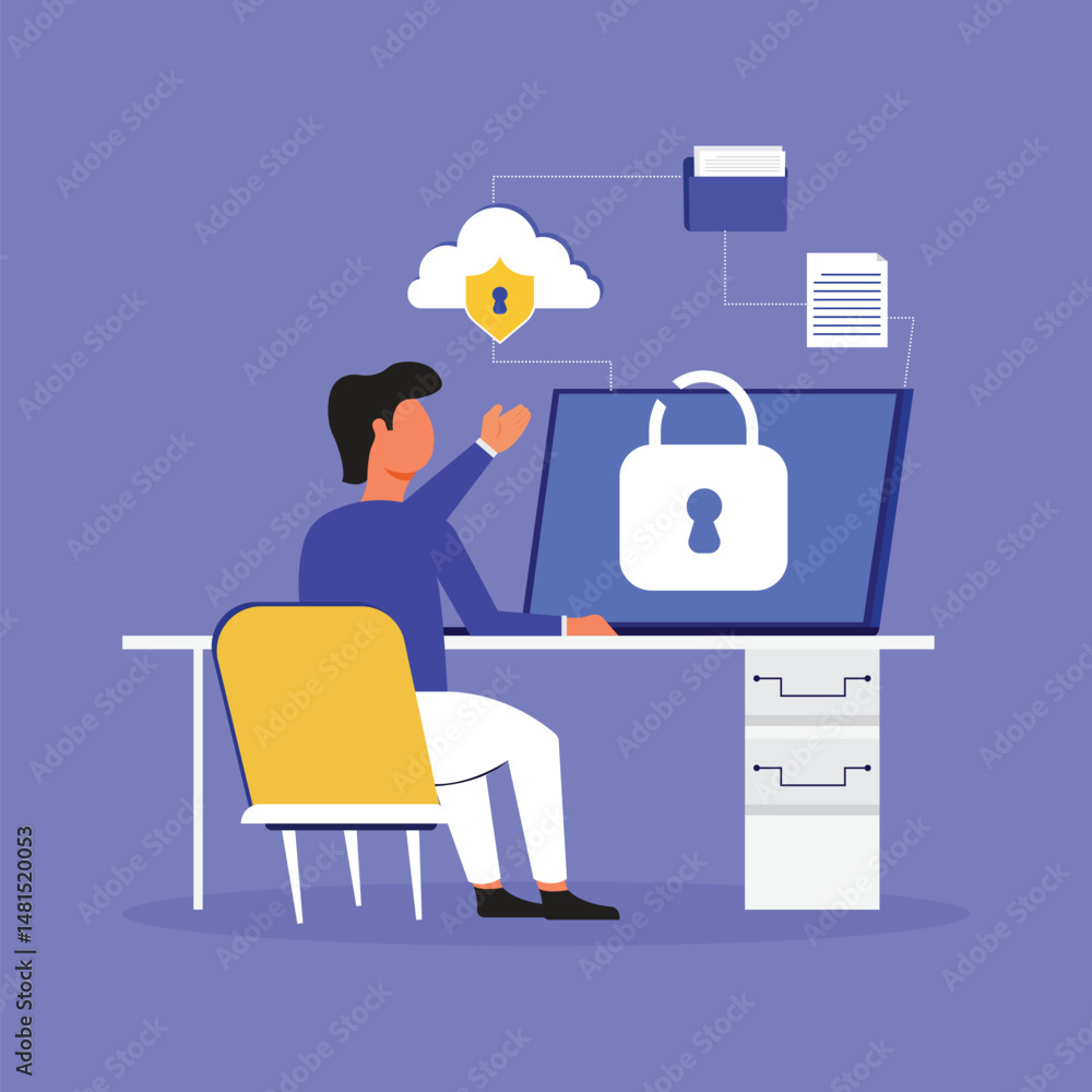Poster man sitting at desk and unlocking computer
