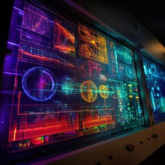 Obraz premium Cyber dashboard displaying complex data with vibrant lighting effects, powered by advanced visualization tools.