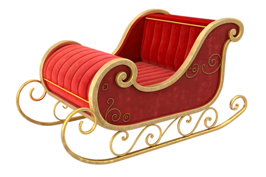 Luxurious Red and Gold Christmas Sleigh Isolated on Black Background, Festive Holiday Transportation, Traditional Christmas Icon.