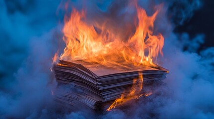 Burning paper stack with orange flames and blue smoke against a dark background symbol of destruction information loss and urgent disposal needed 