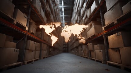 Obraz premium Global Logistics Warehouse Cargo Boxes World Map International Trade Shipping Distri