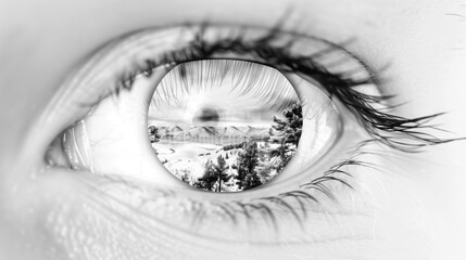 Naklejka premium Close-up of human eye with distant horizon sharply focused through pupil, symbolizing vision boundaries and perspective, shallow depth of field. Concept of seeing beyond limits and exploring new horiz