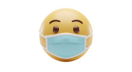 Yellow emoji wearing medical face mask on white background