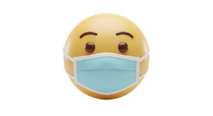 Yellow emoji wearing medical face mask on white background