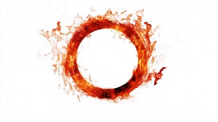Fiery Ring of Fire on White Background Close-up Abstract Image of Burning Flames in a Circle Shape with Copy Space