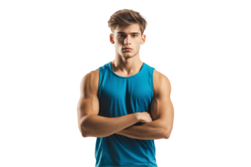 Muscular Athlete in Blue Sleeveless Shirt on Transparent Background