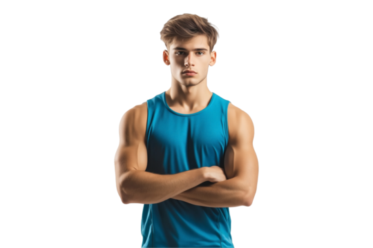 Muscular Athlete in Blue Sleeveless Shirt on Transparent Background