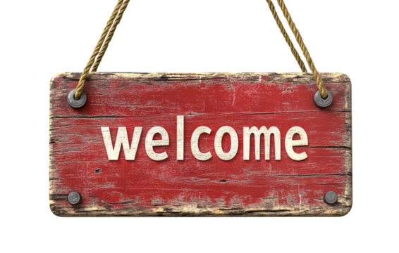 Red wooden sign with the word welcome hanging closed on a transparent background