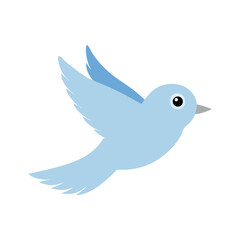A charming illustration of a light blue bird in flight against a plain white background.