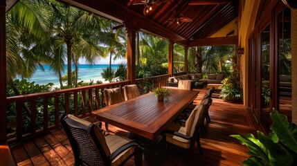 Obraz premium A luxurious outdoor dining area with ocean and palm tree views