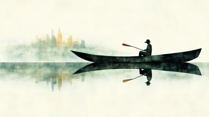 Solitary Figure Rowing Towards Hazy City Skyline at Dawn