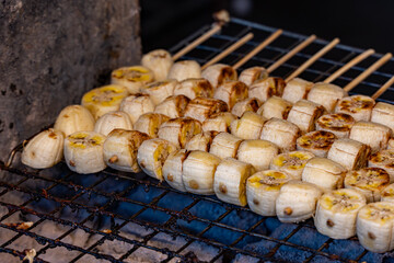 Smashed Grilled Banana with Coconut-Caramel. Thai Food.