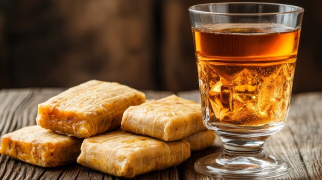 Traditional beverage and savory dish: glass of fermented drink with pile of tamales on wooden table delicious cuisine and refreshment showcasing food photography