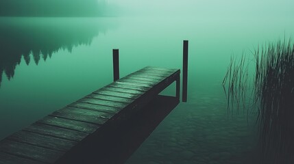 A wooden pier extends into a misty teal colored lake