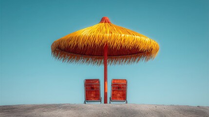 Tropical Beach Relaxation  Two Chairs Under Tiki Umbrella