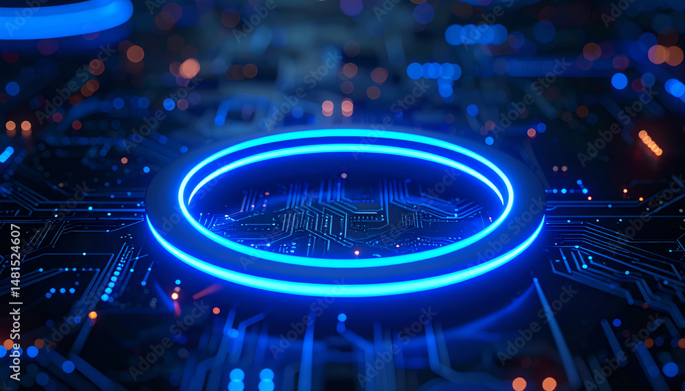 Poster a glowing blue ring sits atop a circuit board, surrounded by intricate patterns and soft lights, rep