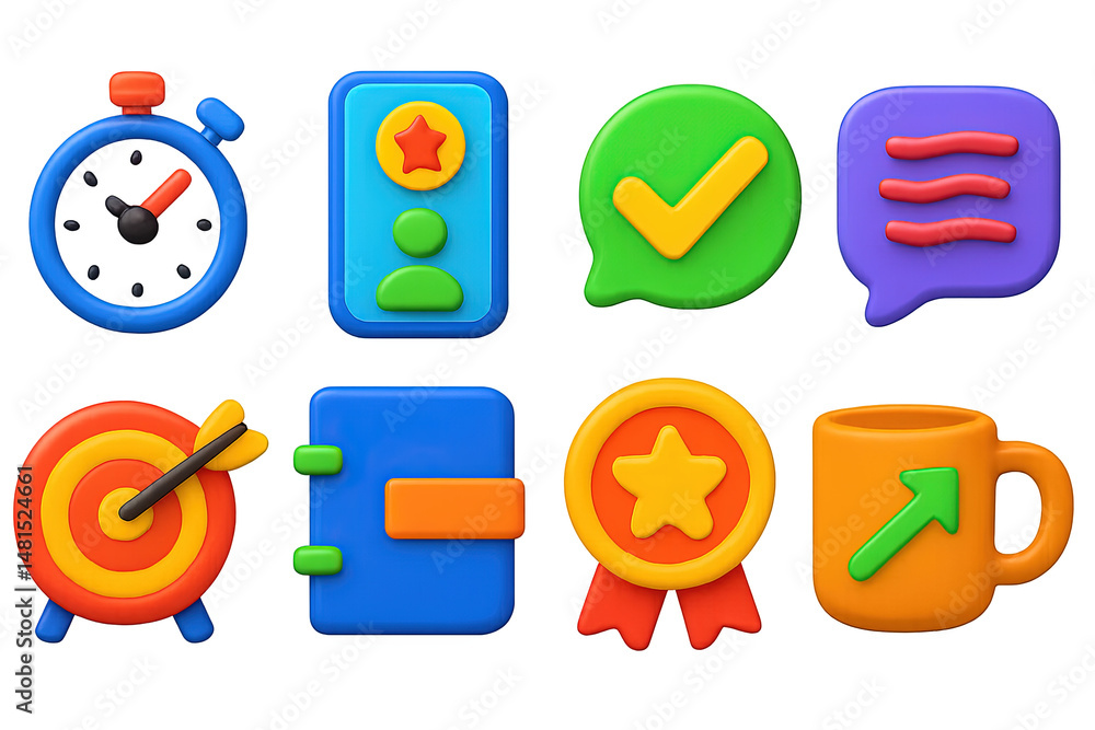 Poster productivity 3d icons set – organization, task management, workflow symbols
