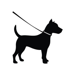 A simple, black silhouette of a dog on a leash against a pure white background.