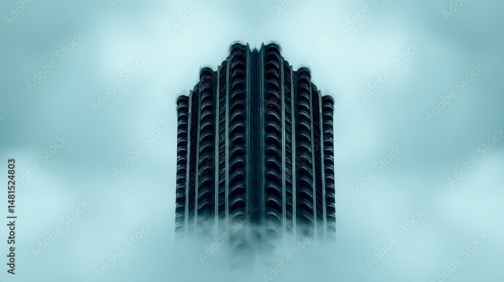 Poster mysterious skyscraper in fog cityscape architecture modern building