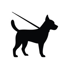 A simple, black silhouette of a dog on a leash against a pure white background.