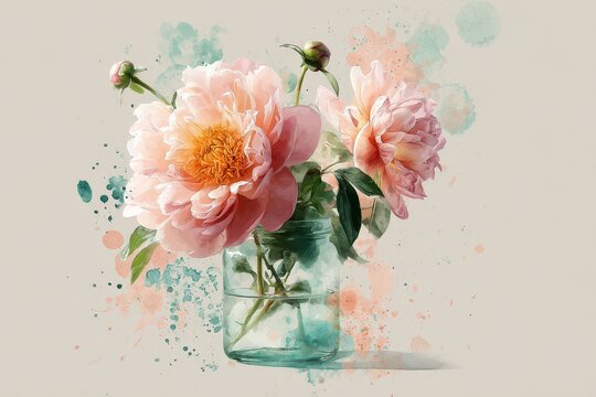 Delicate pink peonies in a glass vase, artistic watercolor style.