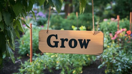 Grow sign in garden wooden sign hanging in community garden lush plants and flowers background nature and environment theme 