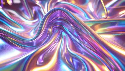 A shimmering, color-shifting holographic pattern that mimics metallic foil under light. Waves and folds in the design add depth.