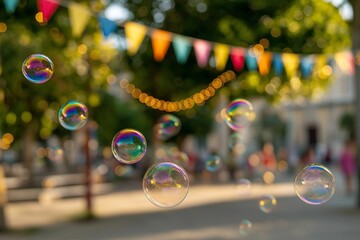 AI-generated colorful soap bubbles floating at a vibrant outdoor festival with bokeh lights