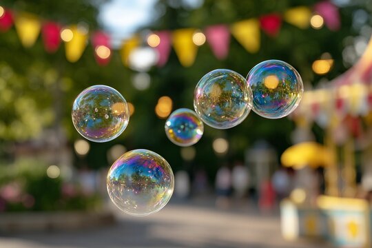 AI-generated colorful soap bubbles floating at a vibrant outdoor festival with bokeh lights