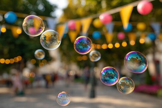 AI-generated colorful soap bubbles floating at a vibrant outdoor festival with bokeh lights