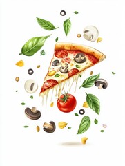 Delicious Pepperoni Pizza Slice with Mushrooms Basil and Tomato Floating on White Background Food Still Life