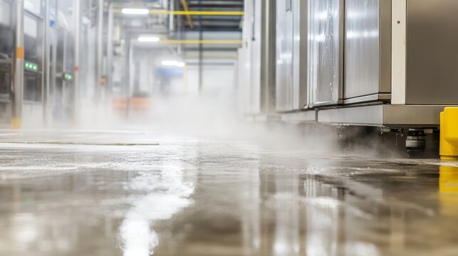 Industrial refrigerator leak: condensation and water damage on factory floor maintenance needed