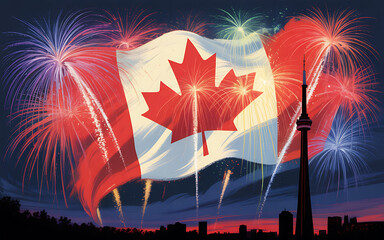 Celebrate Canada Day with fireworks and the iconic Canadian flag in a vibrant, festive design